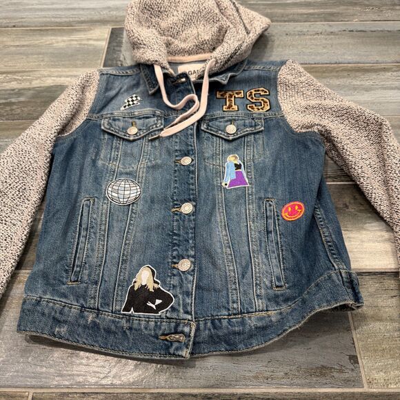 Garage Jean Jacket Hooded Upcycled Swiftie Patches Fancore Soft Cotton Denim M - Picture 4 of 5